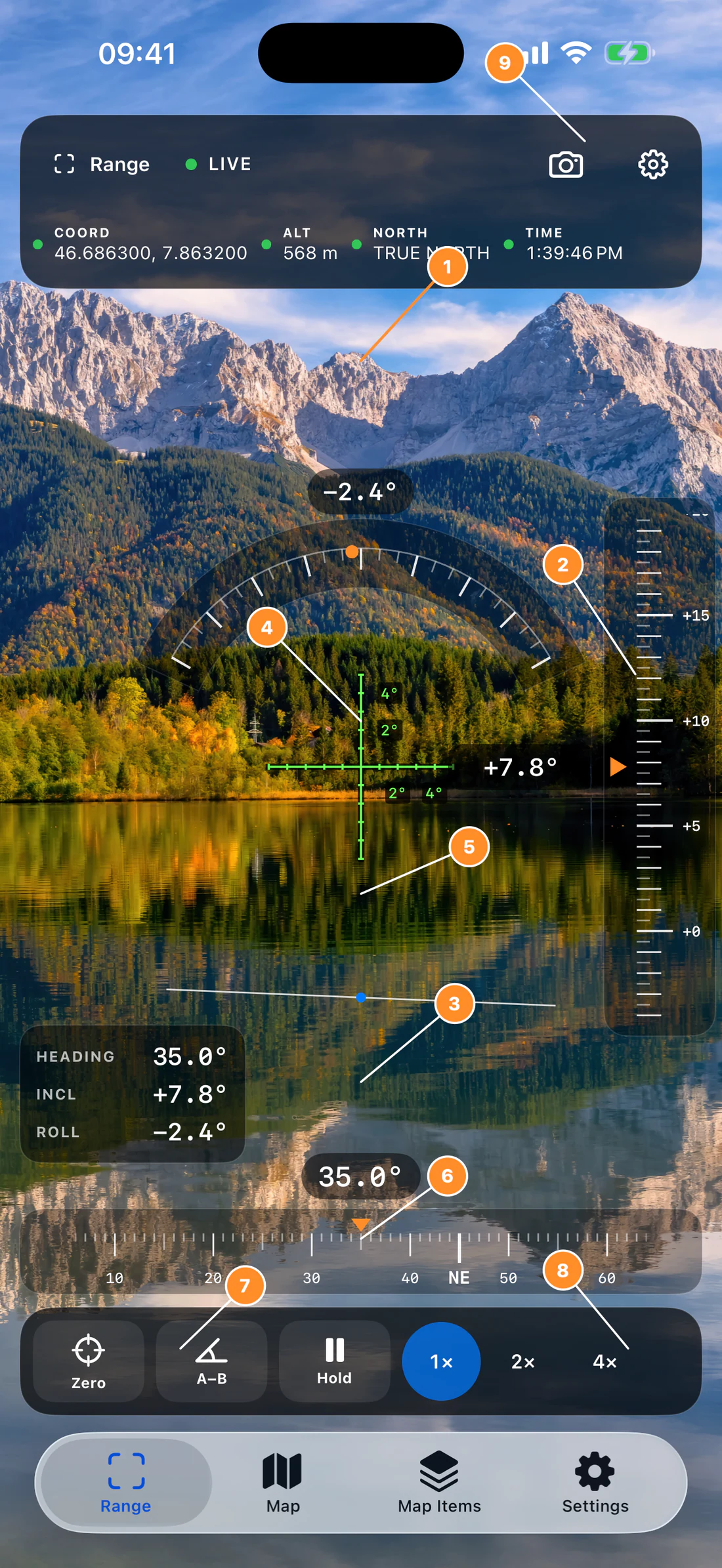 Annotate Angle hero: heading, inclination, roll, reticle, values, A/B status, controls, zoom, photo/settings.