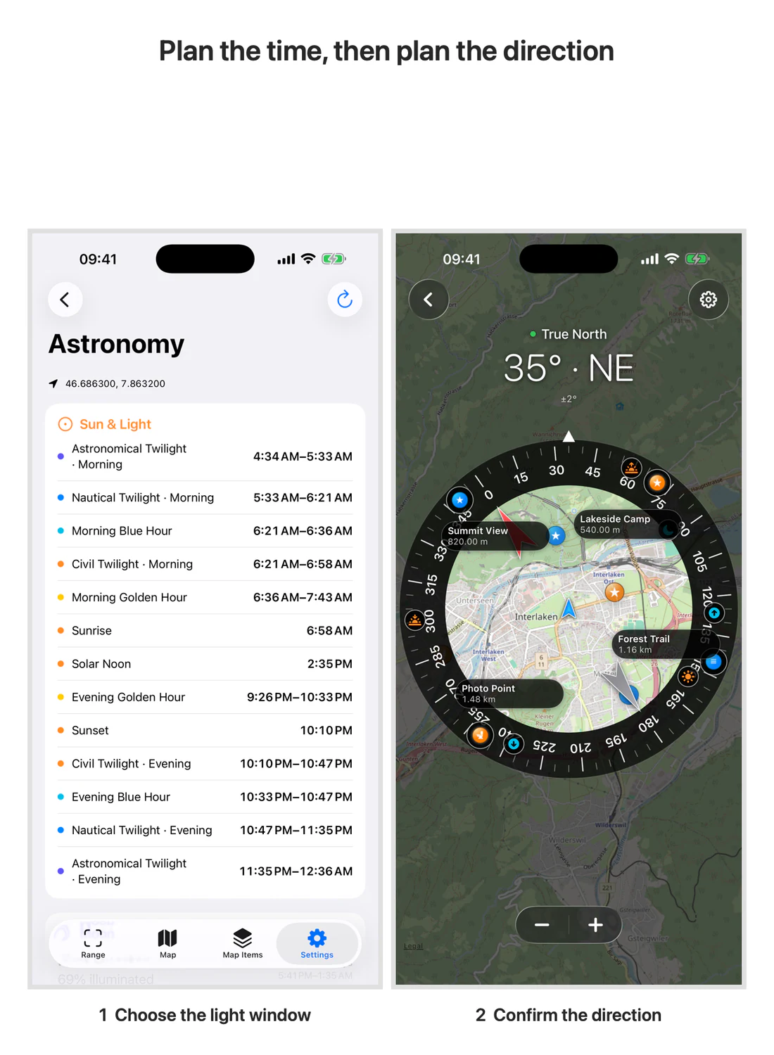 Two-panel Astronomy golden-hour time and Map Compass Sun direction.