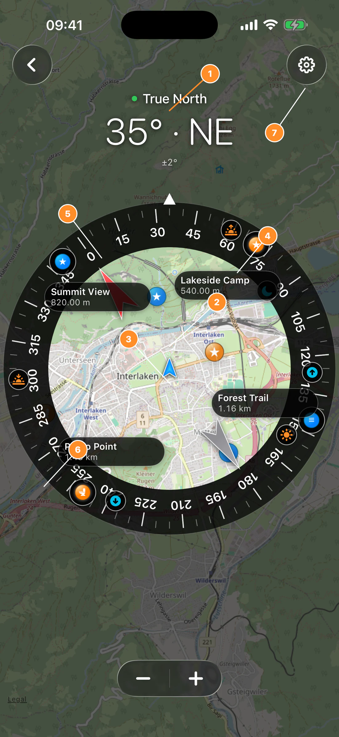 Annotate Map Compass hero: heading, dial, map, waypoint markers, astronomy markers, zoom, settings.