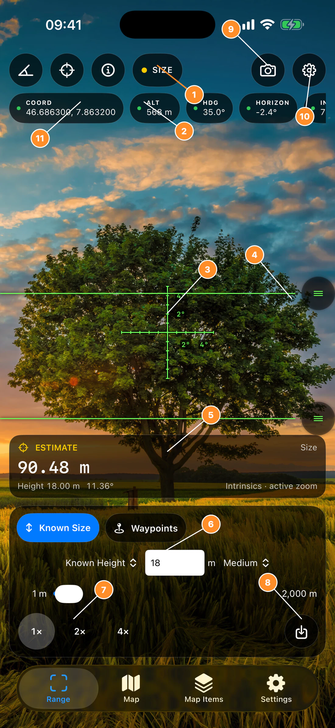 Annotated Range screen identifying its camera measurement controls.
