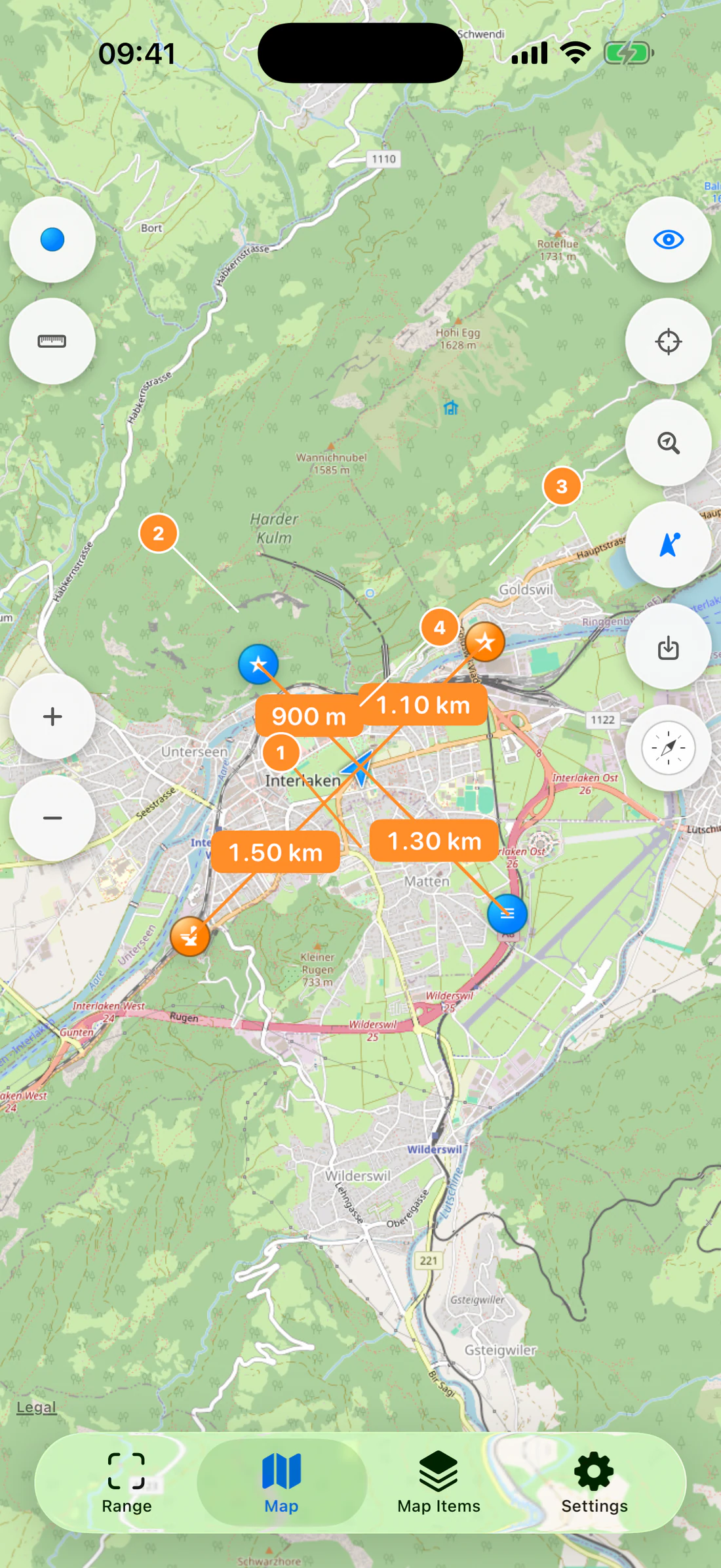 Annotated map tracking view identifying the origin, waypoint icons, lines, and distance labels.