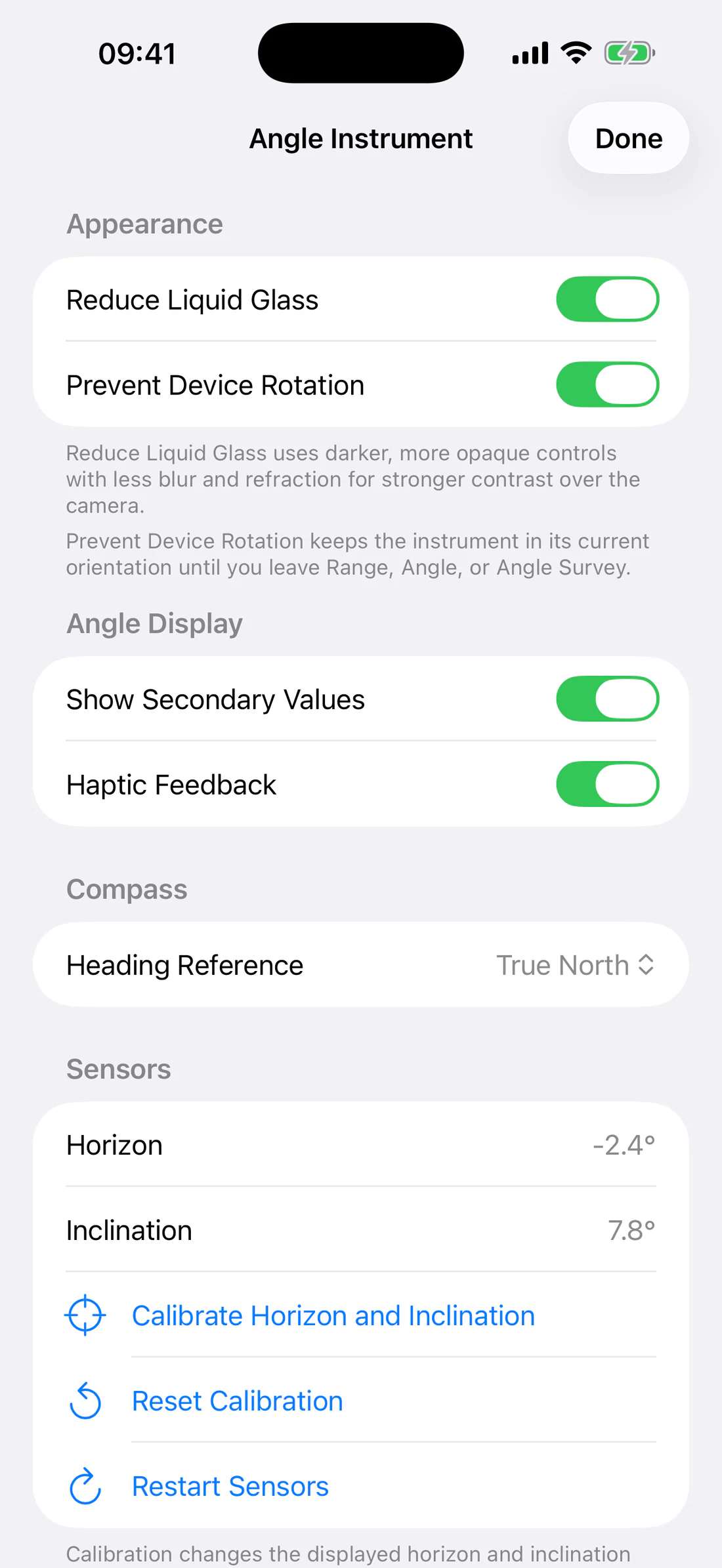 Angle Settings with Display, Compass, Sensors, Cameras, Reticle, and Photo Button sections.