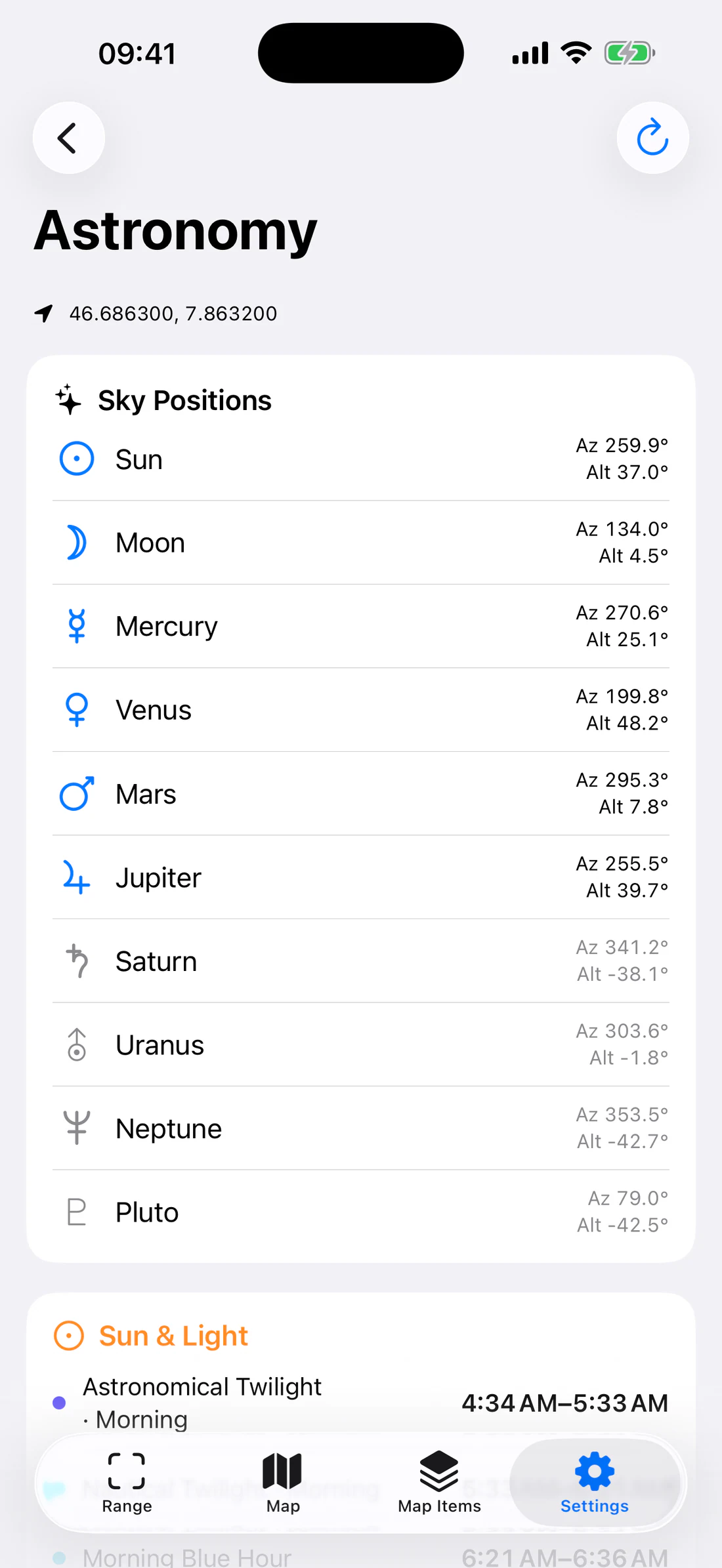 Sky Positions with all planetary symbols and azimuth/altitude.