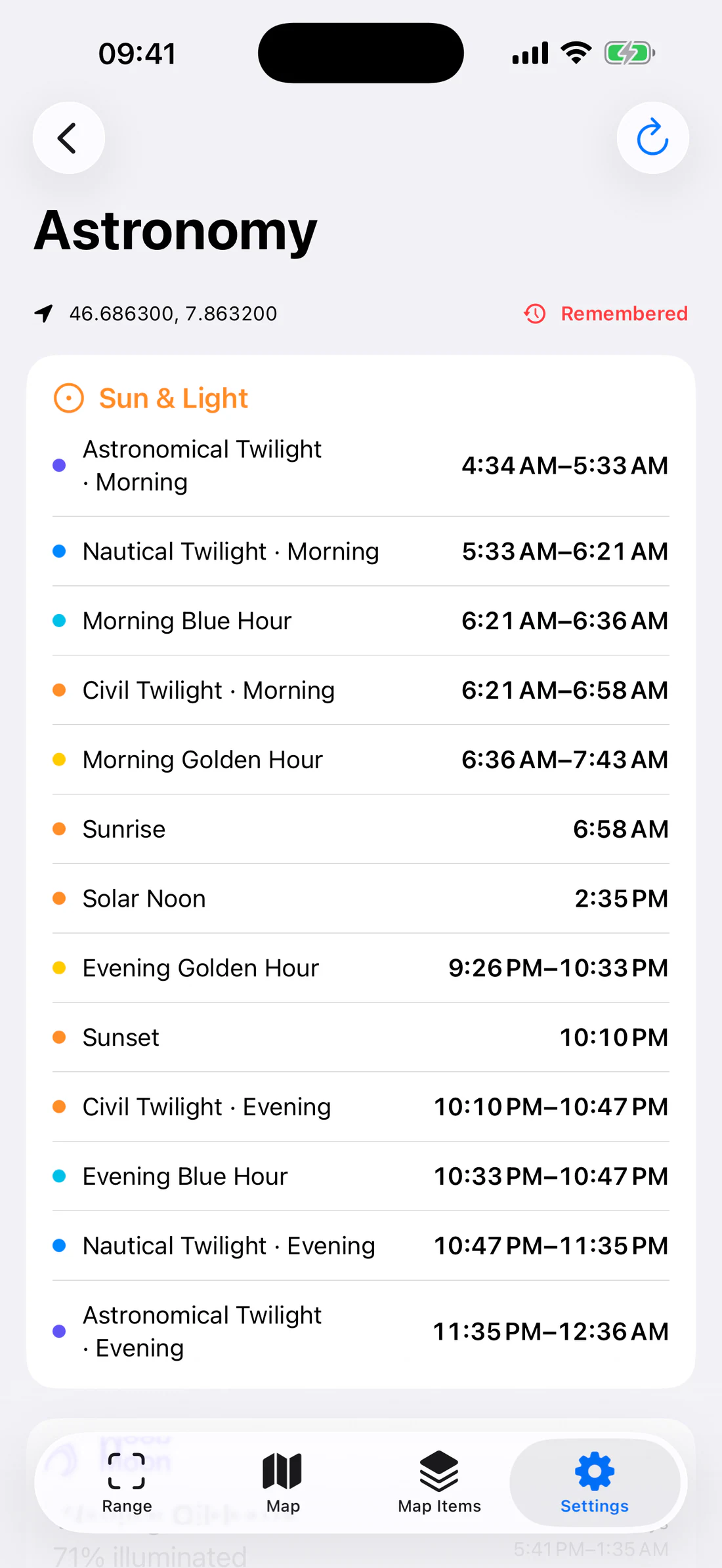 Astronomy using remembered coordinate with visible quality label.