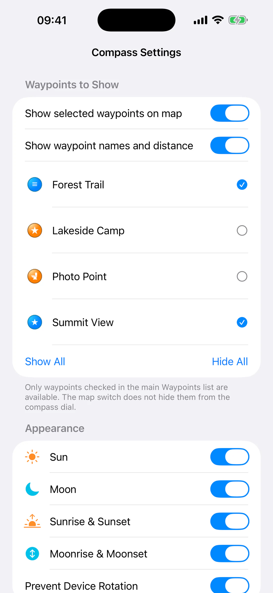 Compass Settings list with mixed selected/unselected waypoints and icons.
