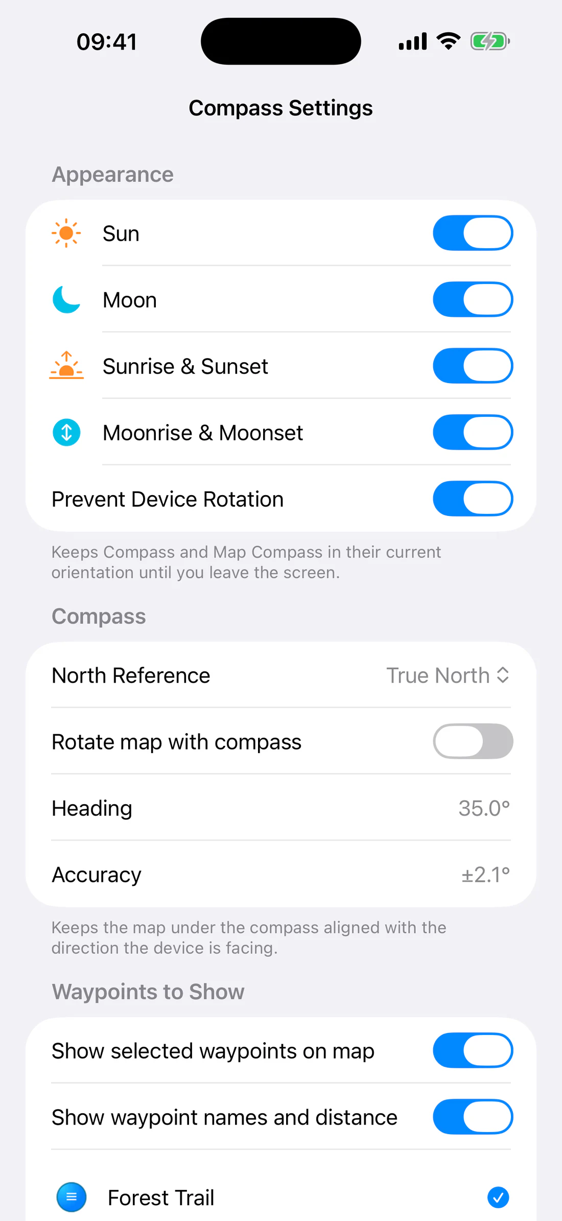 Sun, Moon, sunrise/sunset, moonrise/moonset toggles.