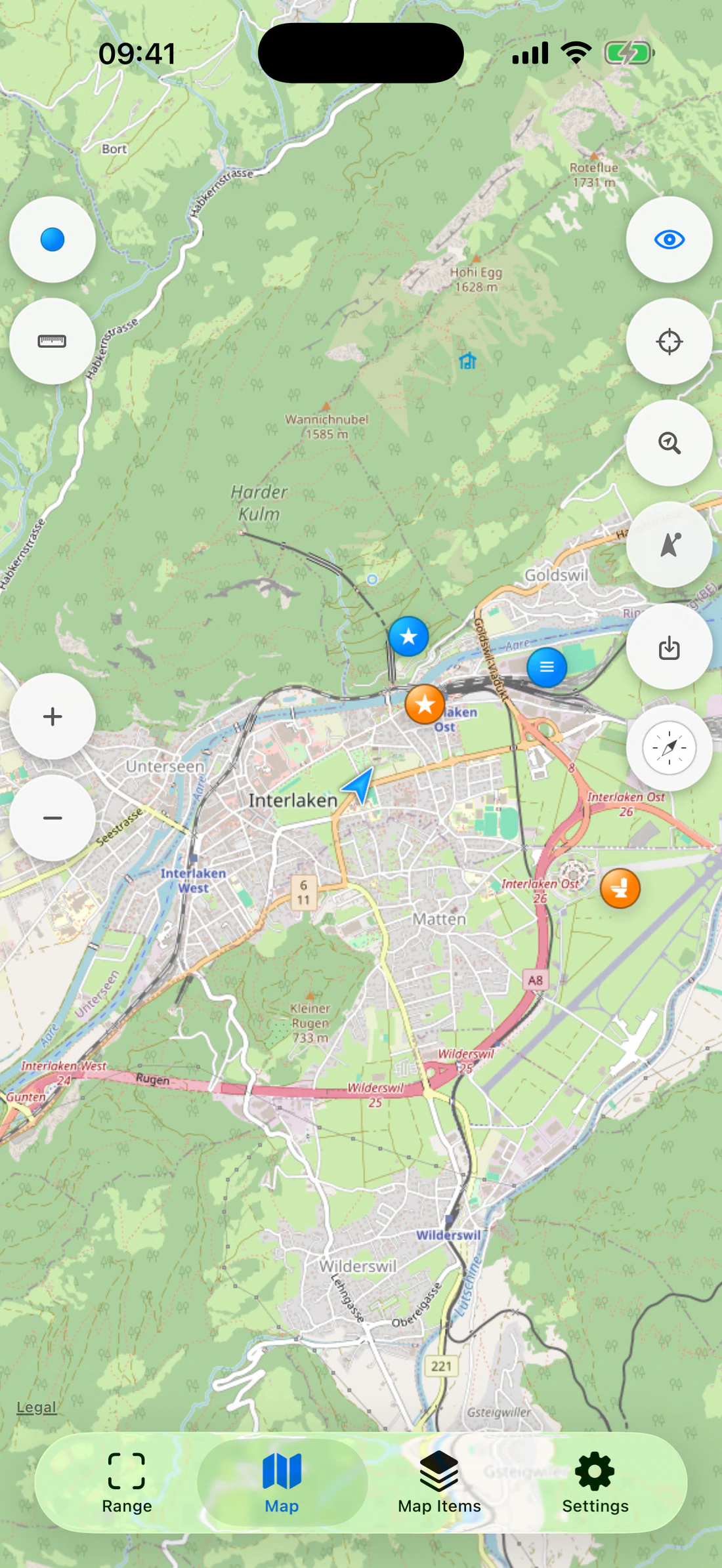 Annotate every map control and the blue location arrow.