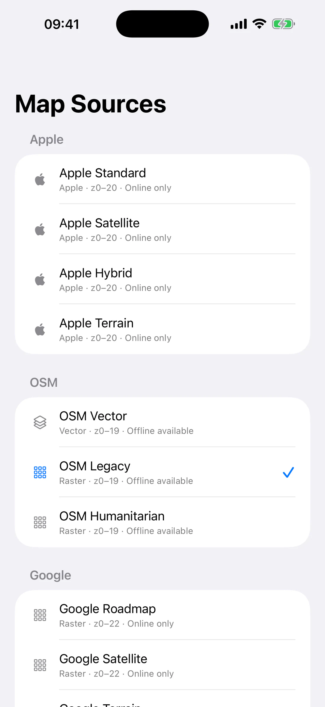 Map Sources with visible release categories; no Premium accounts.