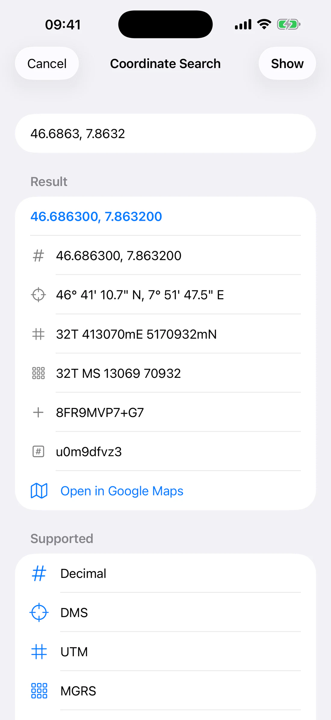 Search form with a valid coordinate and parsed result.