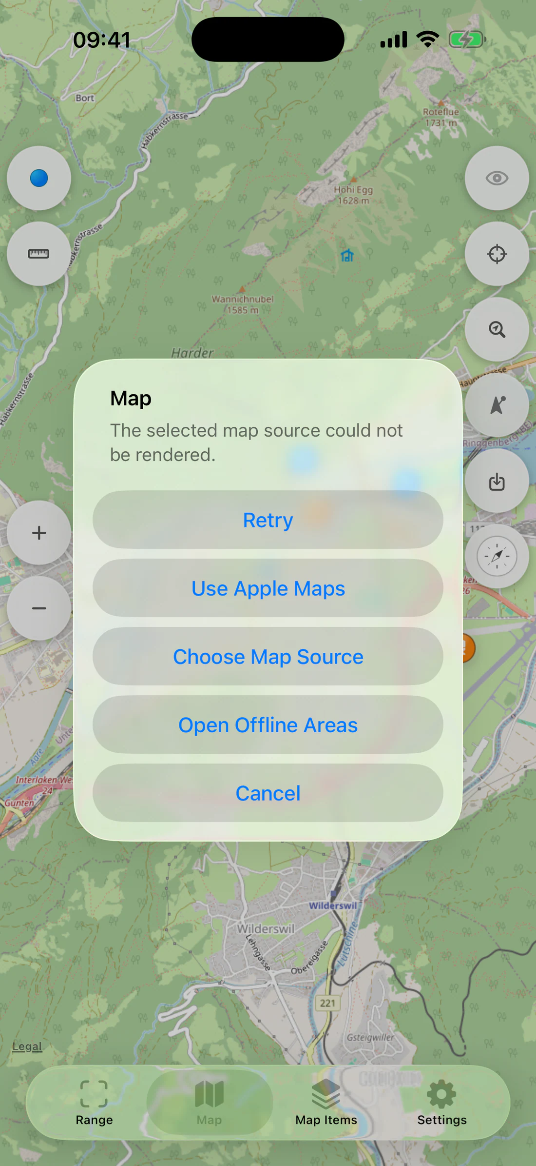 Recoverable map error with Retry, Use Apple Maps, Choose Map Source, Open Offline Areas.