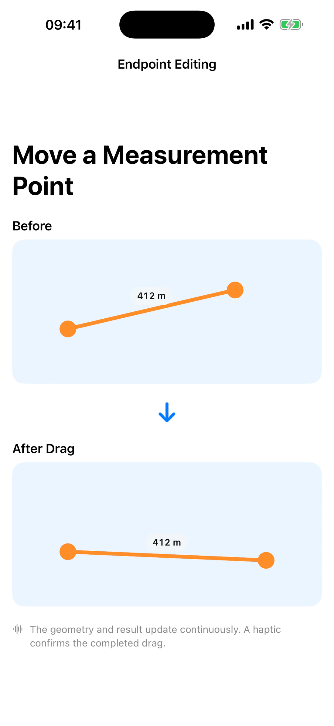 Drag an endpoint; static before/after pair, caption notes haptic feedback.