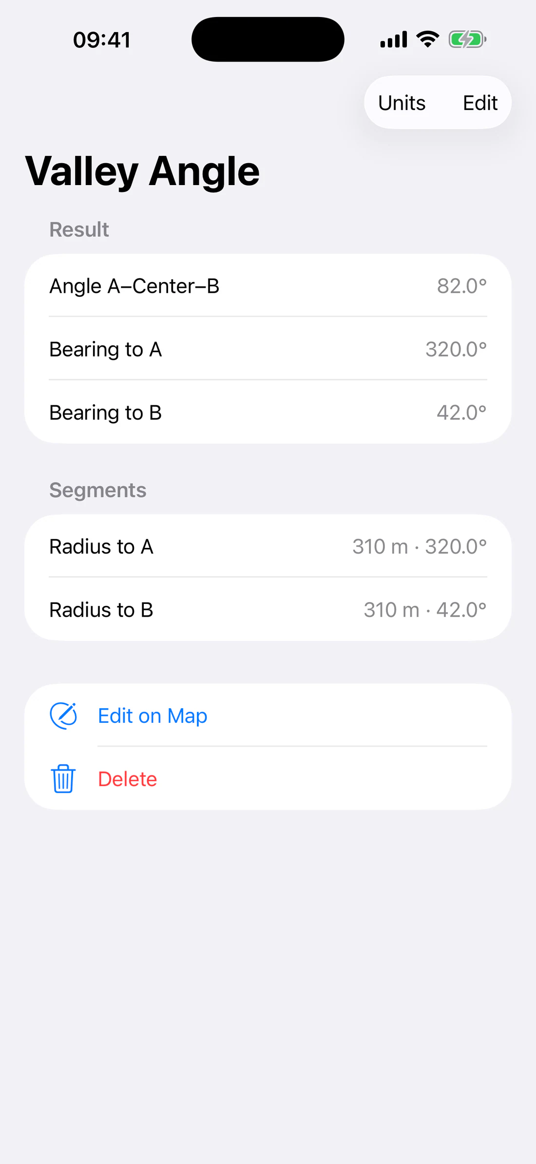 Angle detail with A/B bearings, radii, and angle result.