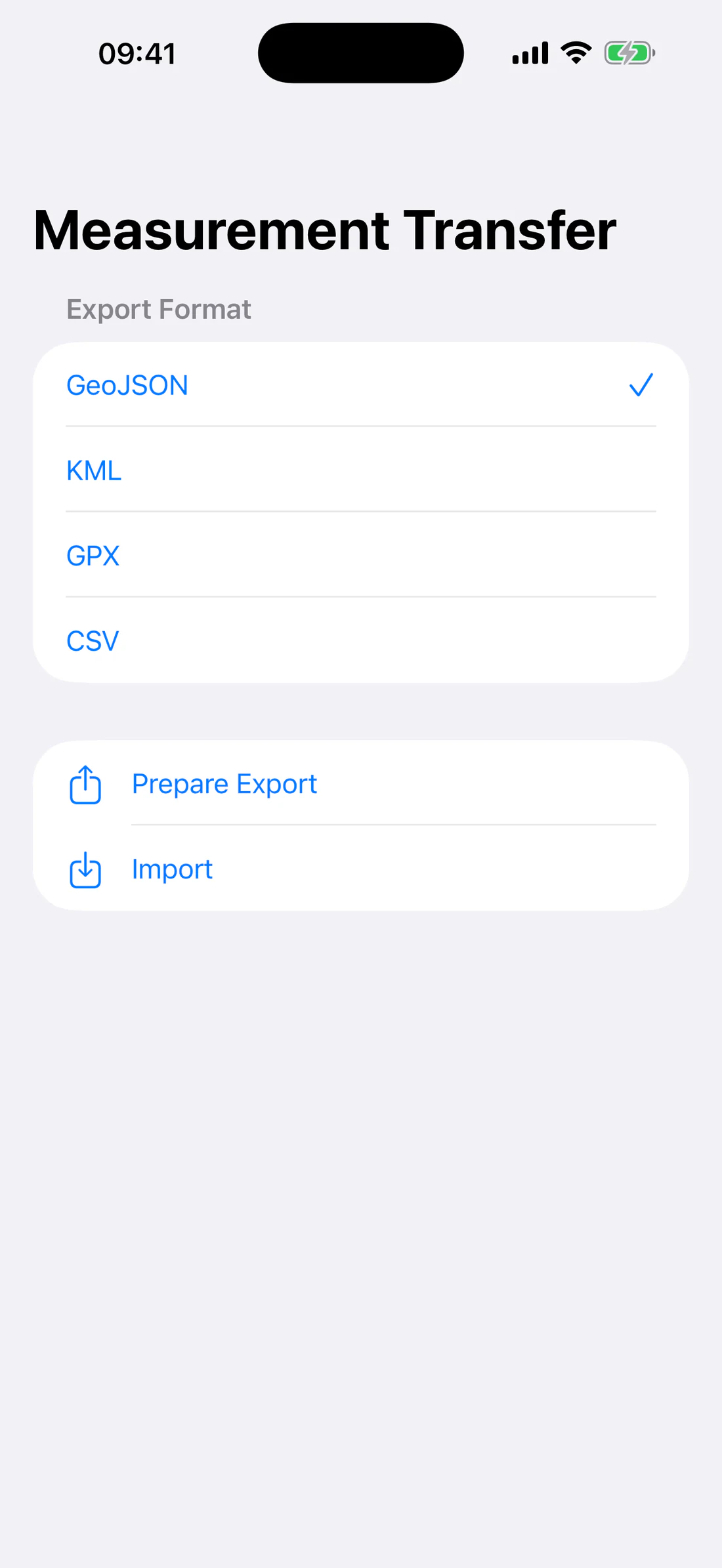Export format selector for GeoJSON/KML/GPX/CSV.