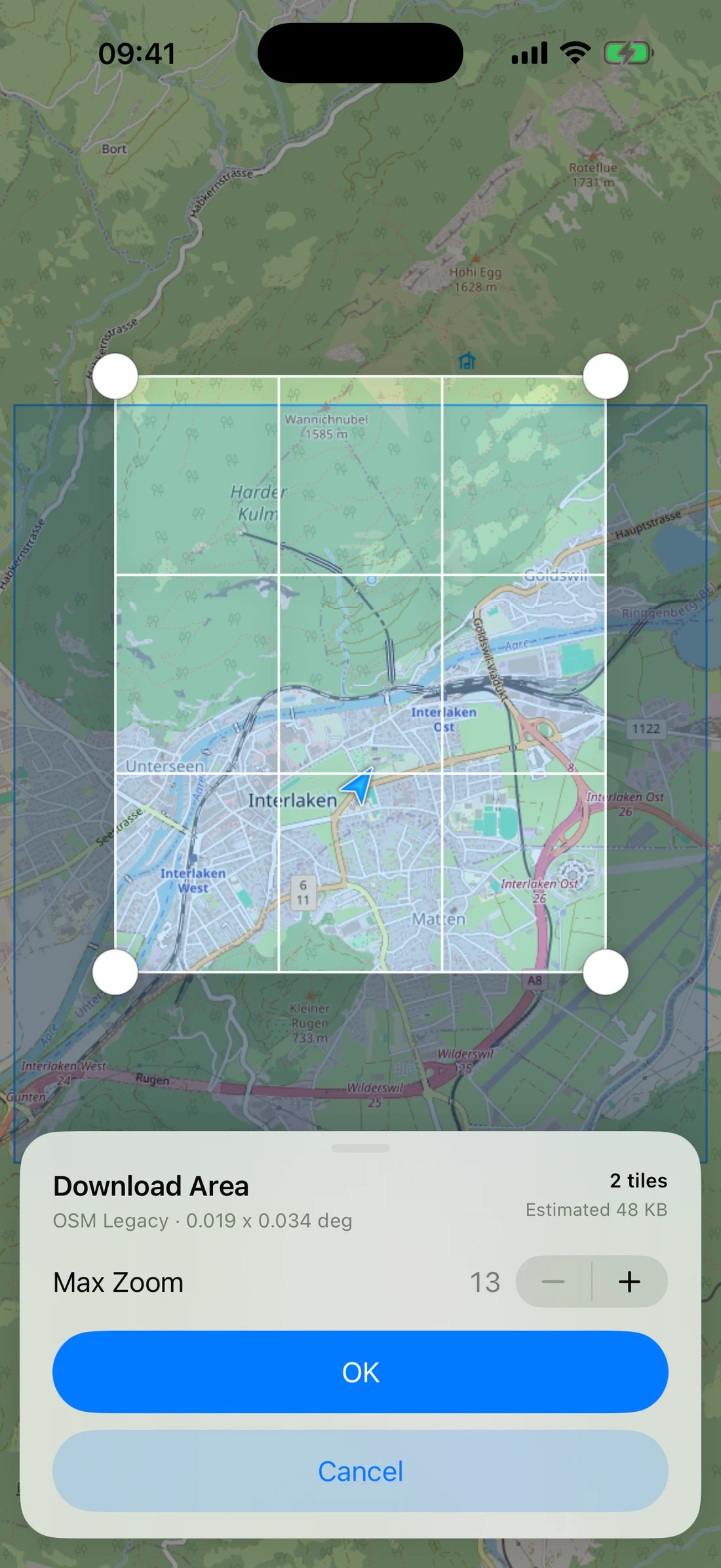 OSM selection rectangle with all four handles and underlying map visible.