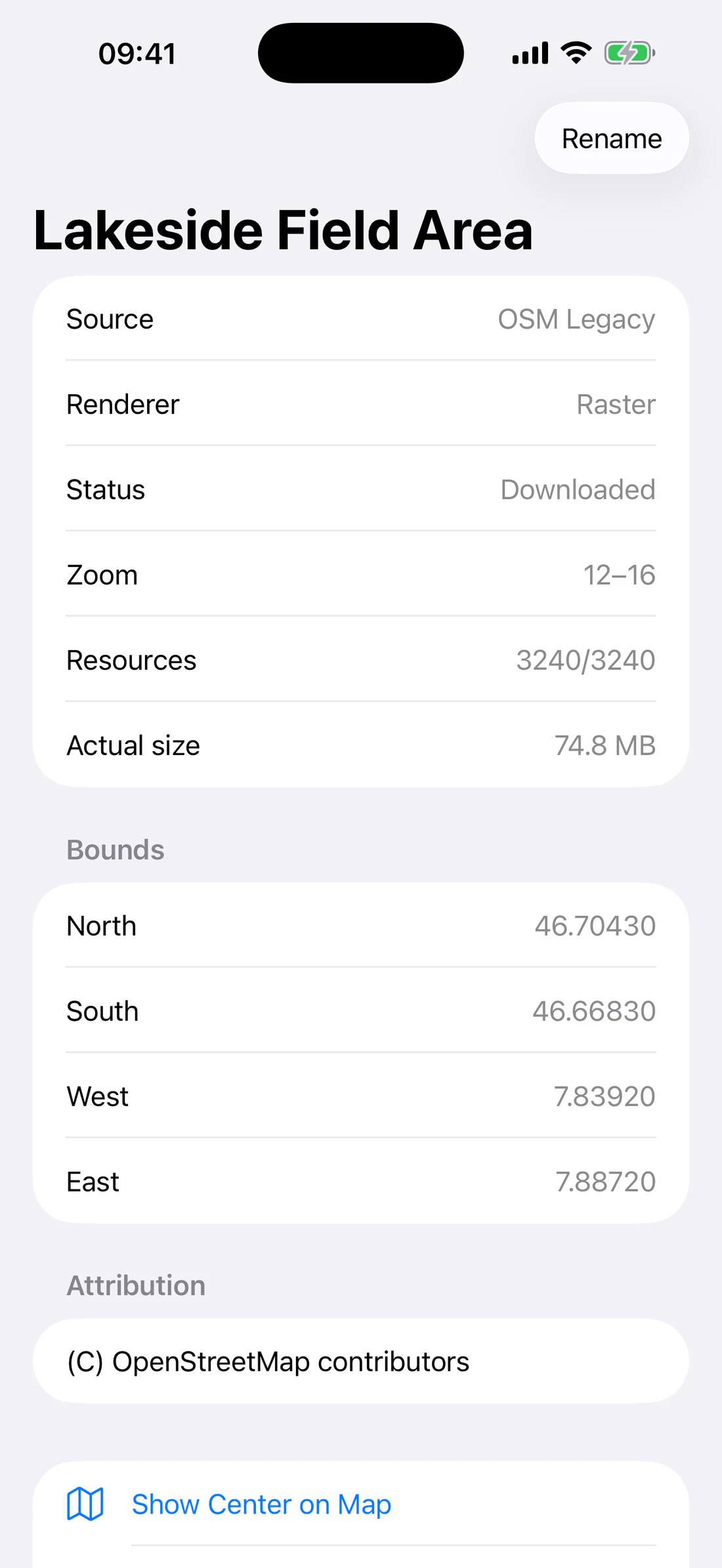 Area bounds, zoom range, attribution, Show Center, Rename, Delete.