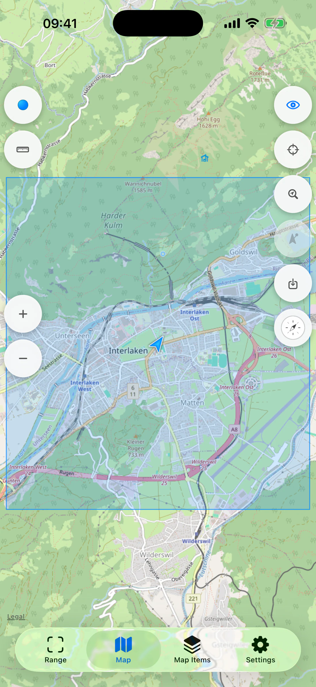 Return to Map with downloaded-area overlay visible, then derived comparison with it hidden.
