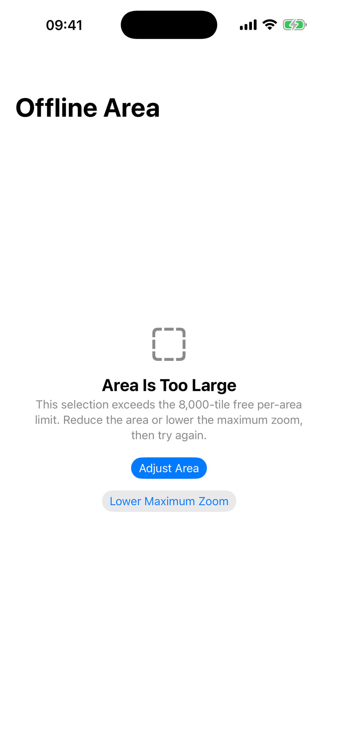 Area exceeding tile/quota limit with actionable correction.