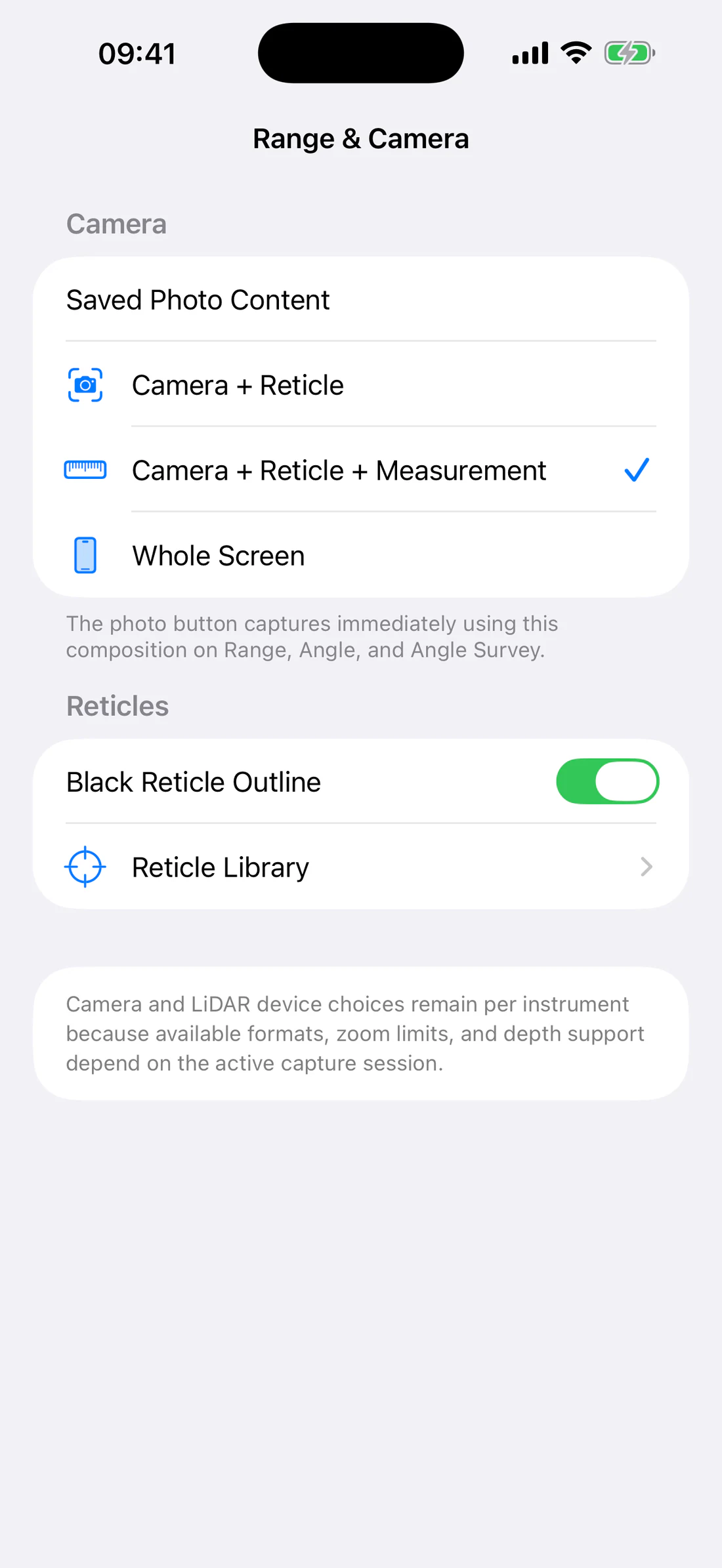 Settings → Range & Camera → Saved Photo Content with all three options.