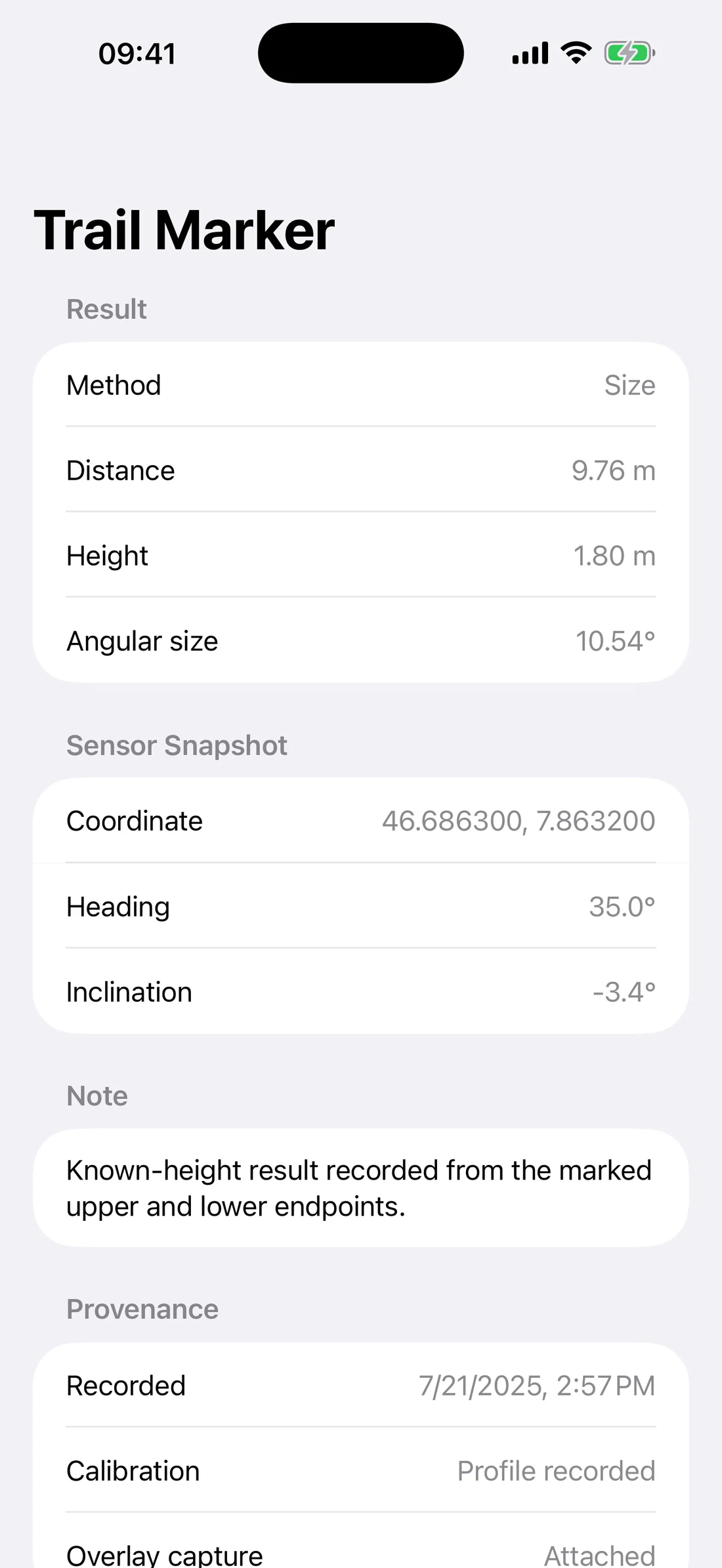 Saved Range observation showing result, sensor snapshot, note, and provenance.