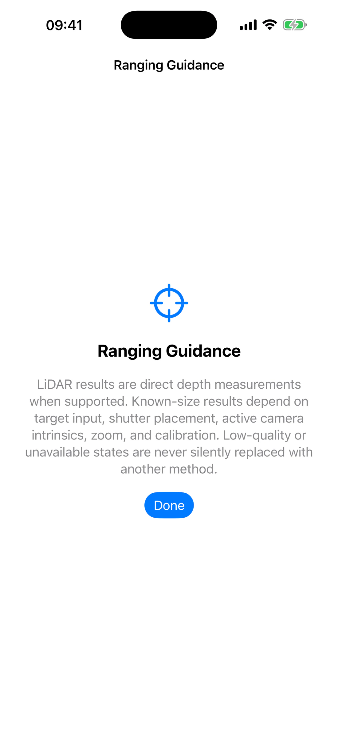 Ranging Guidance explaining the difference between LiDAR and Known Size results.