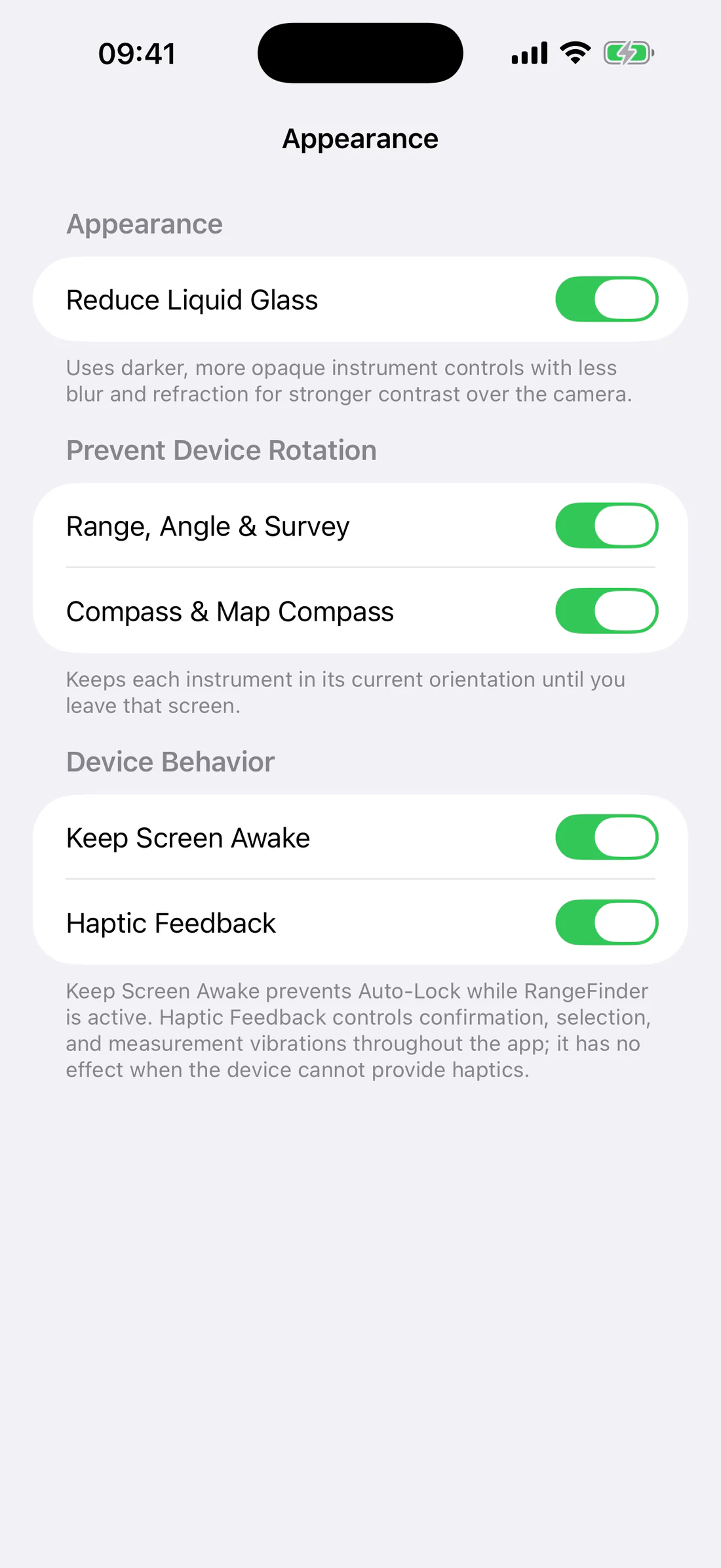 Default Reduce Liquid Glass and rotation locks on; Keep Awake/Haptics visible.