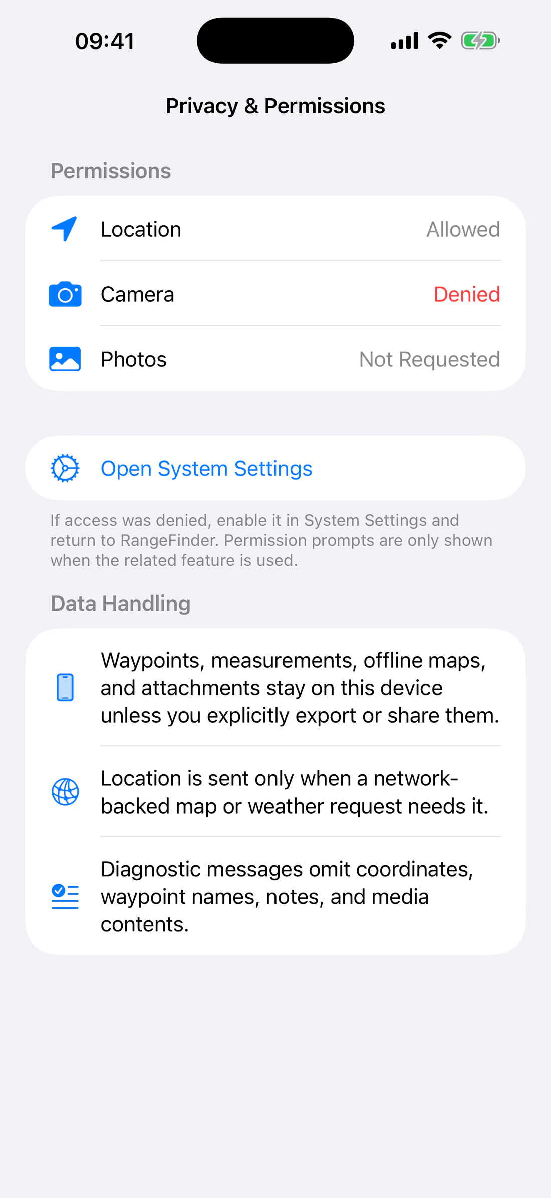 Mixed permission states plus Open System Settings and data-handling text.