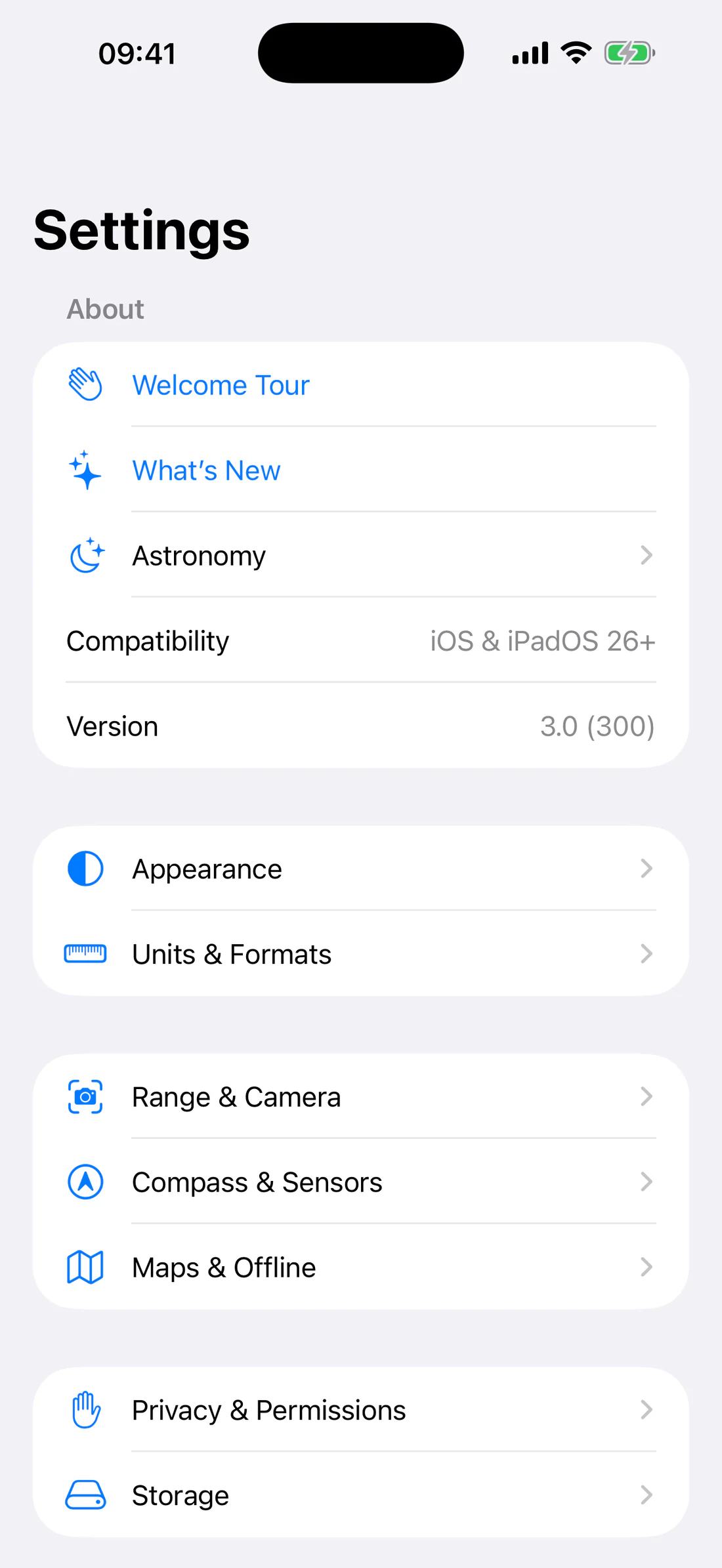 Welcome Tour, What’s New, Astronomy, version/compatibility.