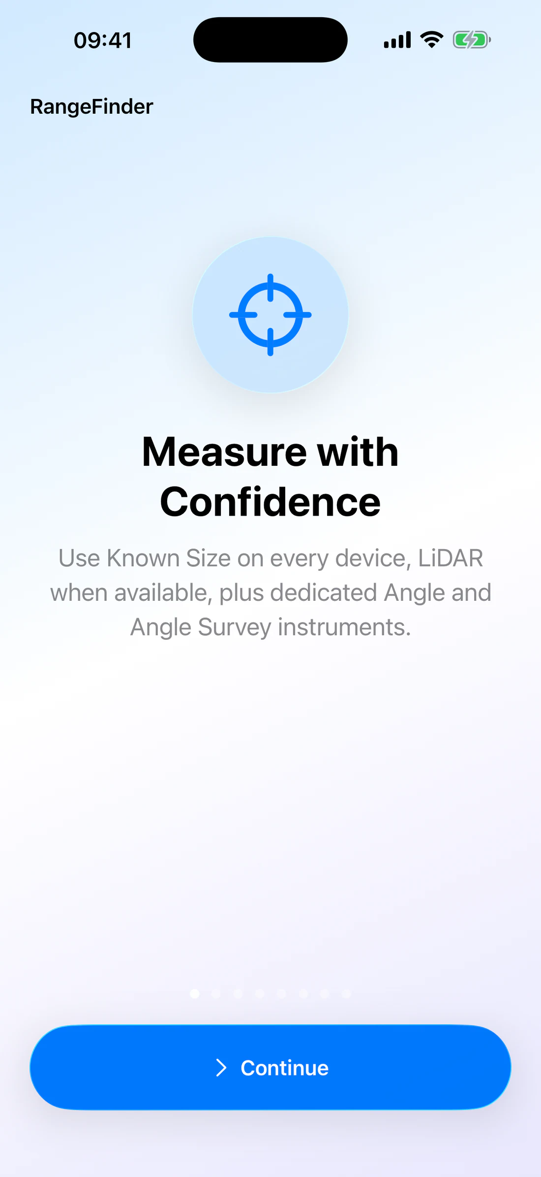 RangeFinder Welcome page with a single Next button.