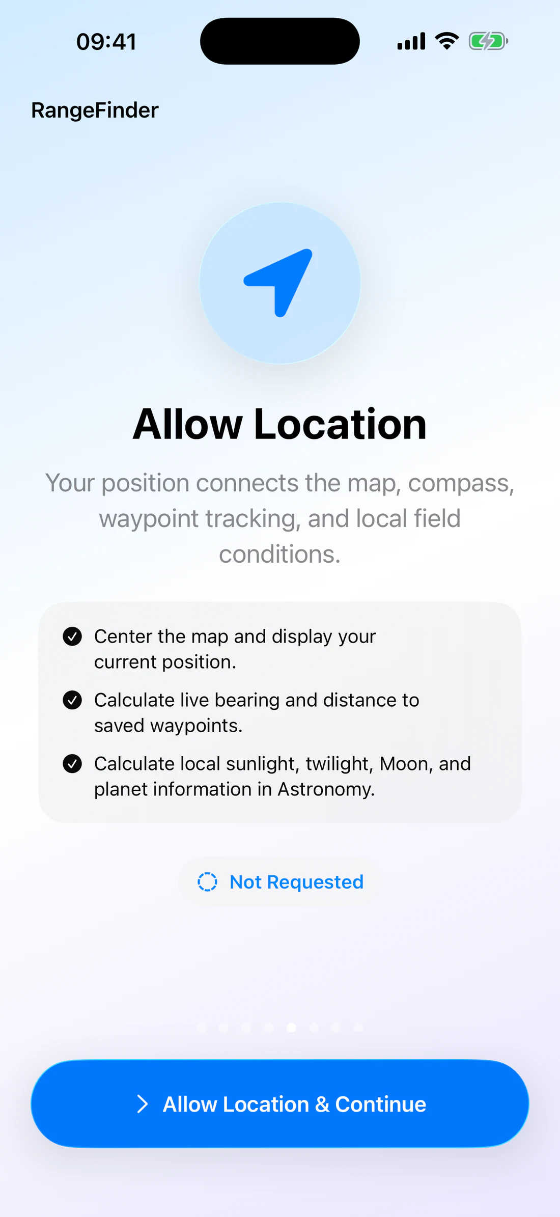 Onboarding page explaining why RangeFinder needs location.