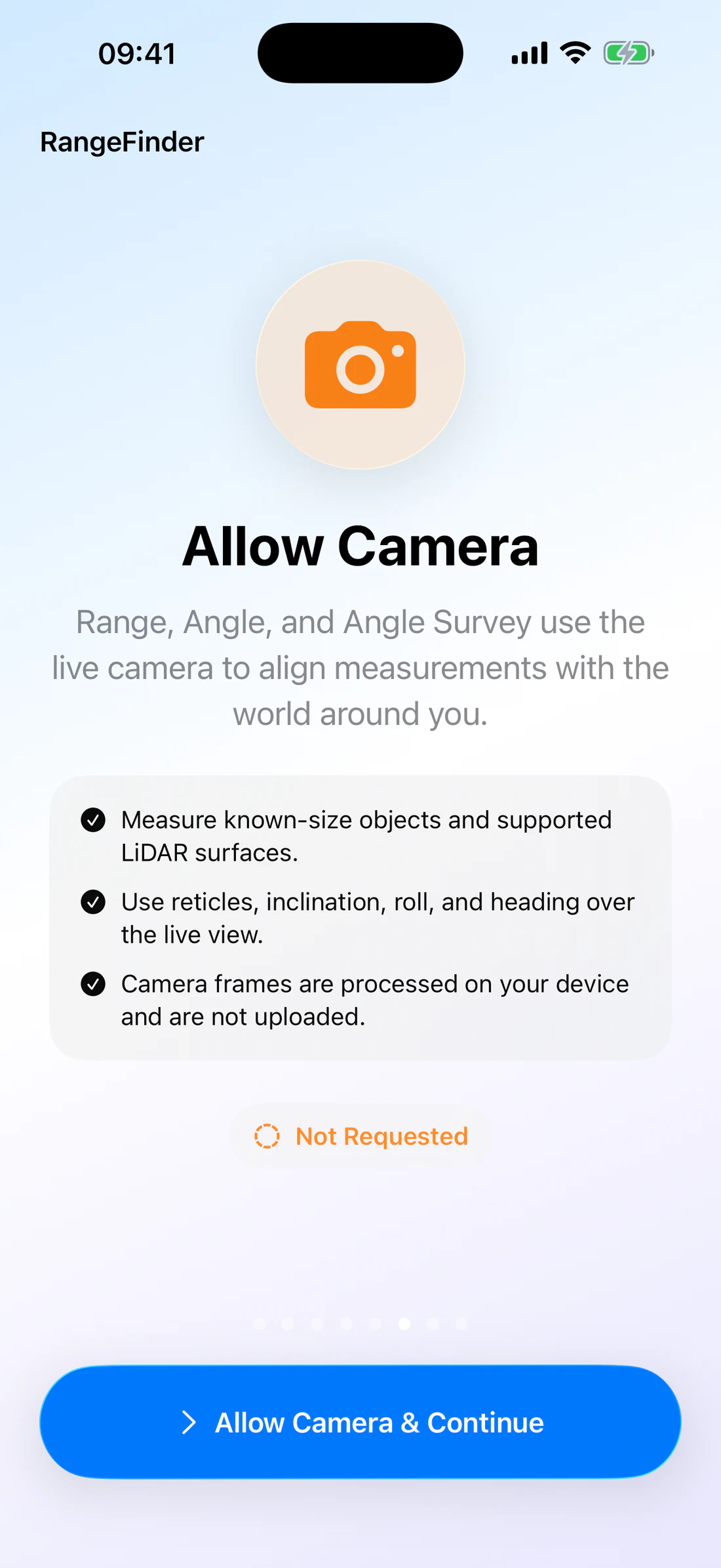 Onboarding page explaining why RangeFinder needs camera access.