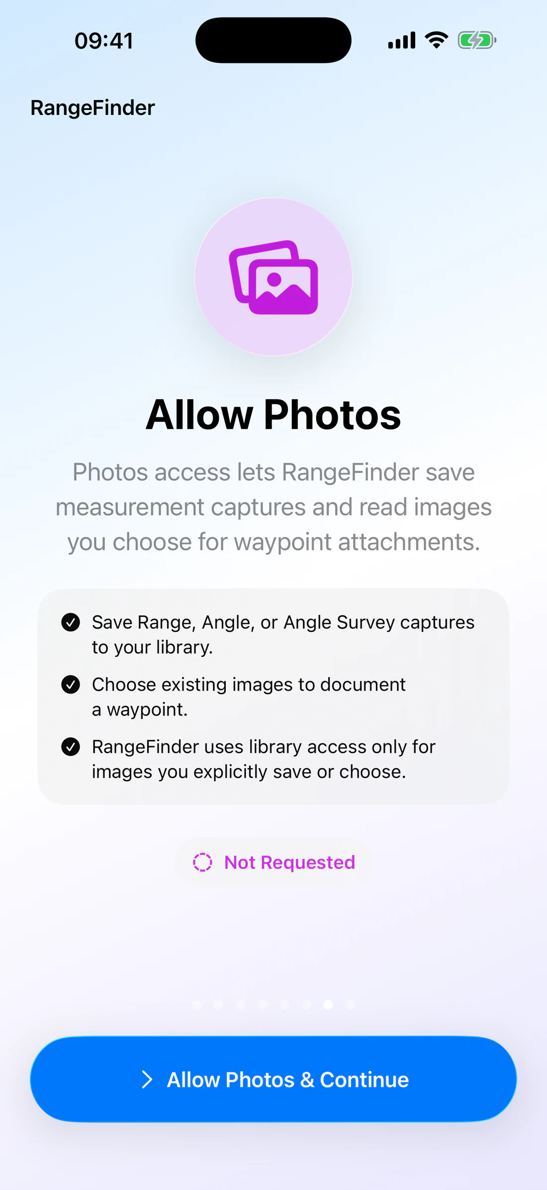 Onboarding page explaining image selection and saving.
