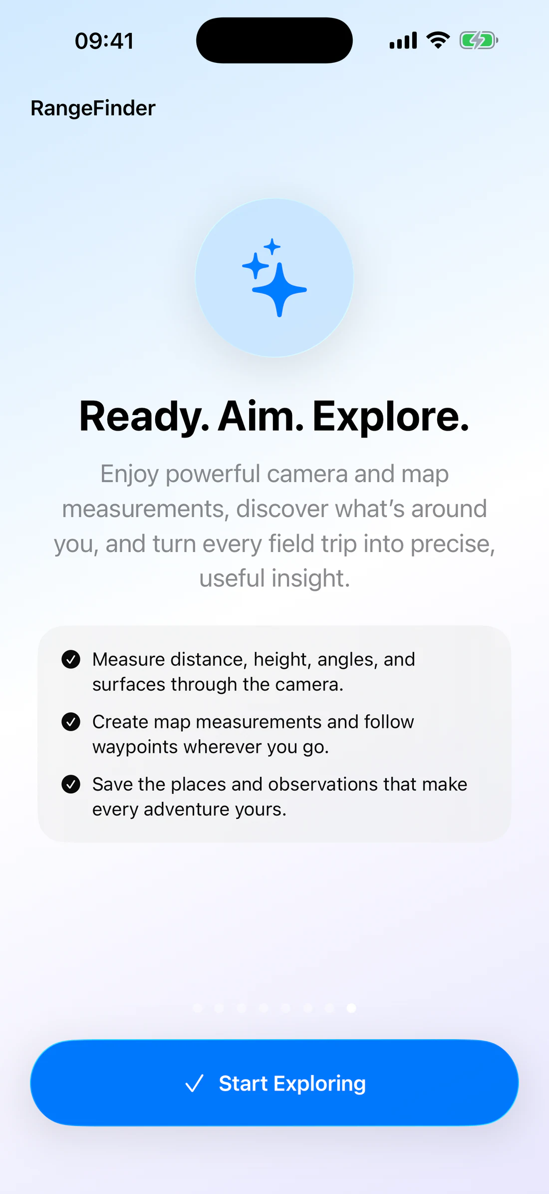 Final RangeFinder onboarding page inviting the user to begin measuring.