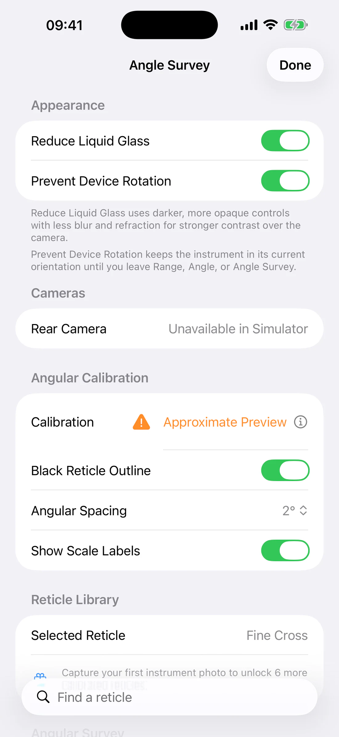 Angle Survey Settings without blank space; cameras, angular calibration, library, appearance, capture.