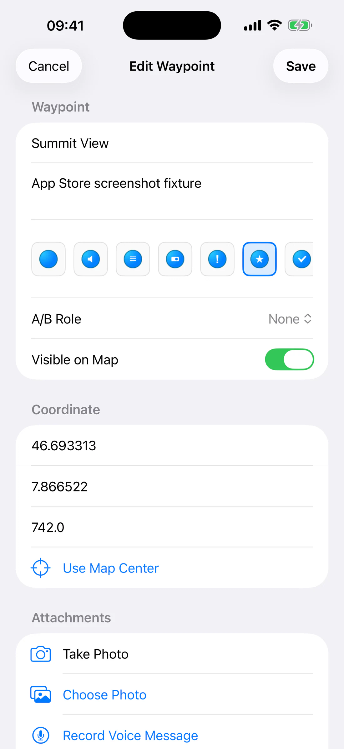 Complete editor with name, note, coordinate, altitude, icon, role, visibility.