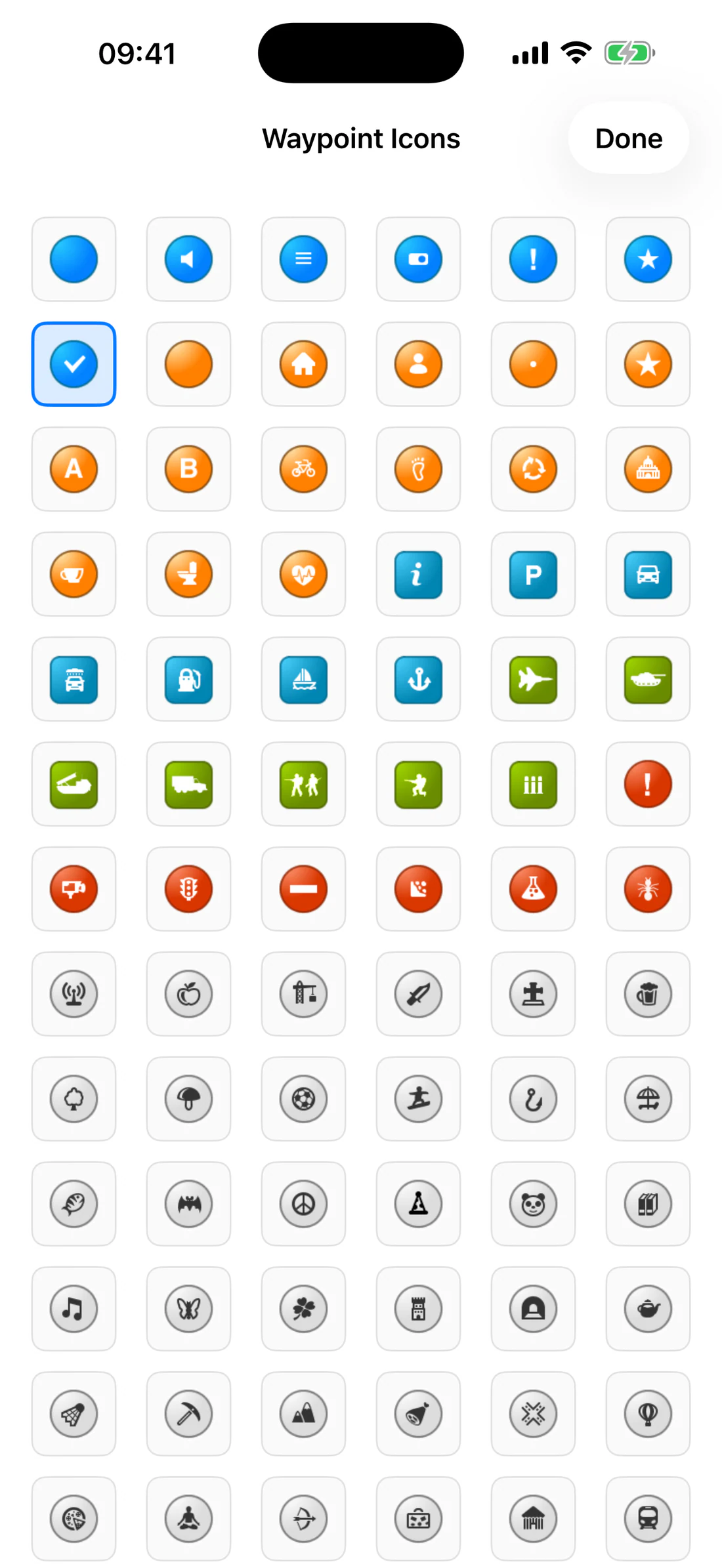 More icon grid with selected icon/checkmark.
