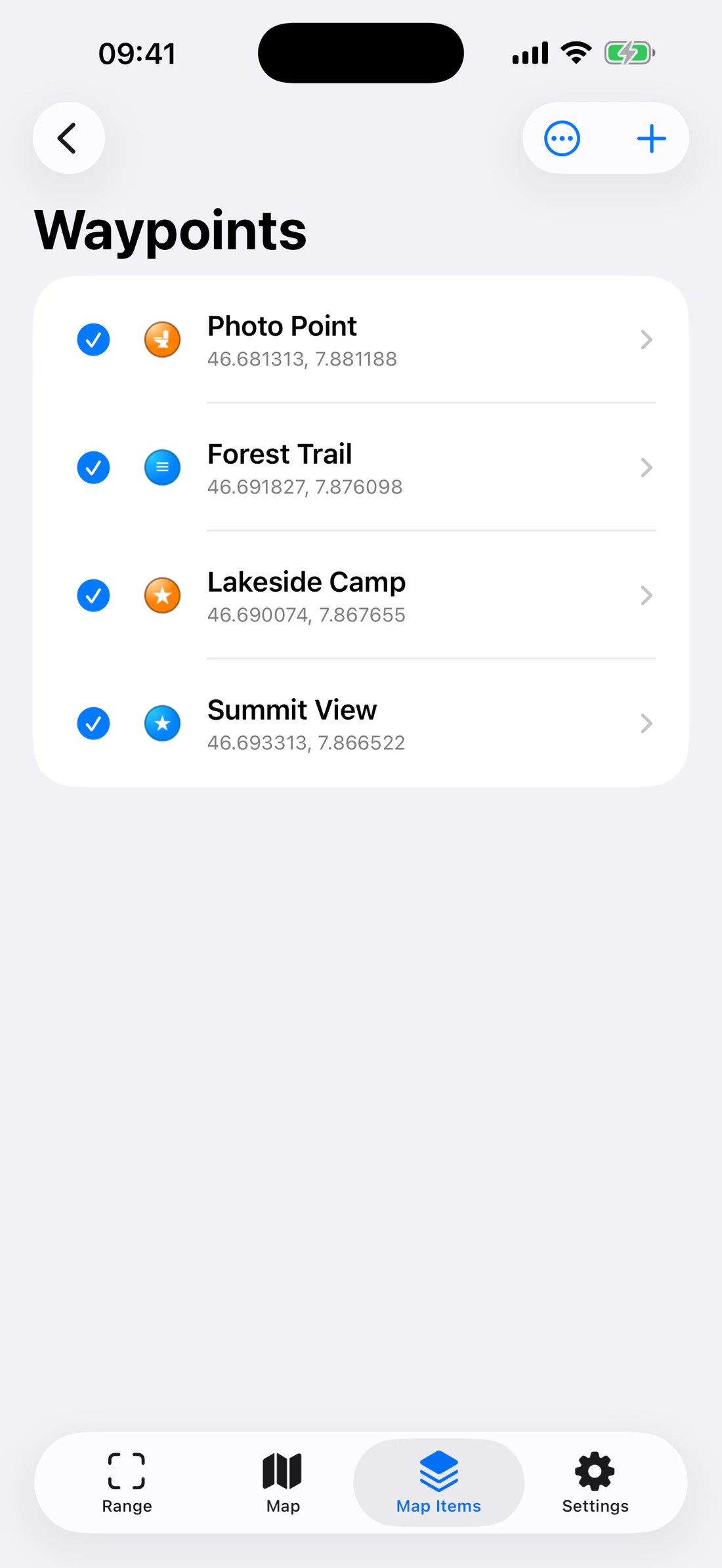 List with visible and hidden checkmarks, icons, A/B badges, search.