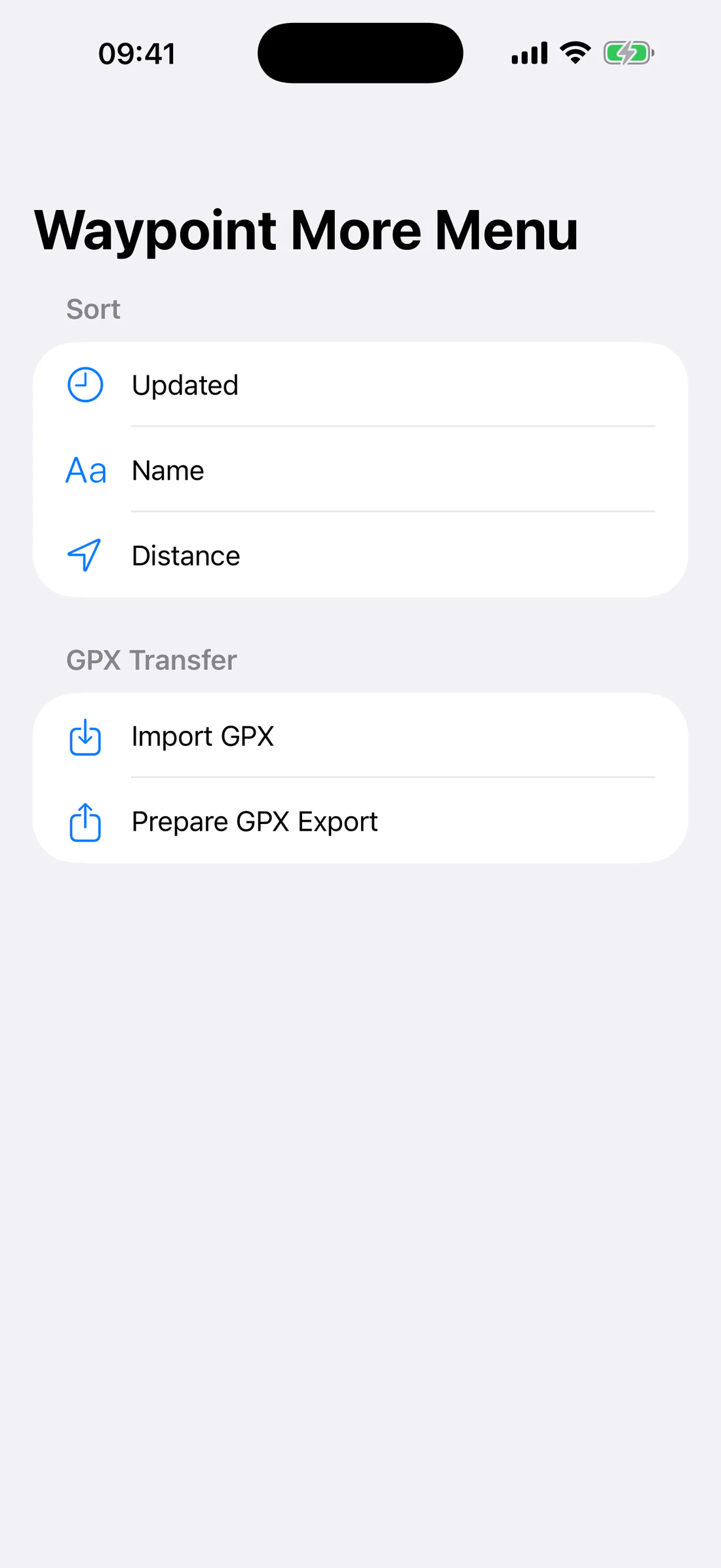 More menu with sort, GPX import, GPX export preparation.