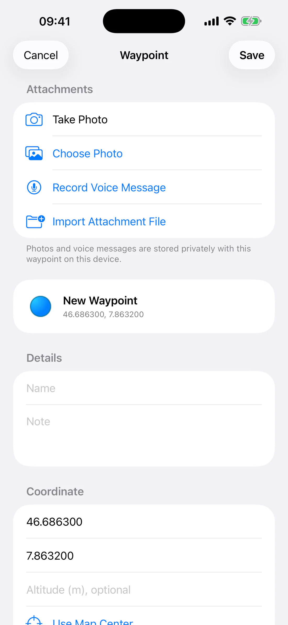 Editor attachment section: choose, take, record, import file.