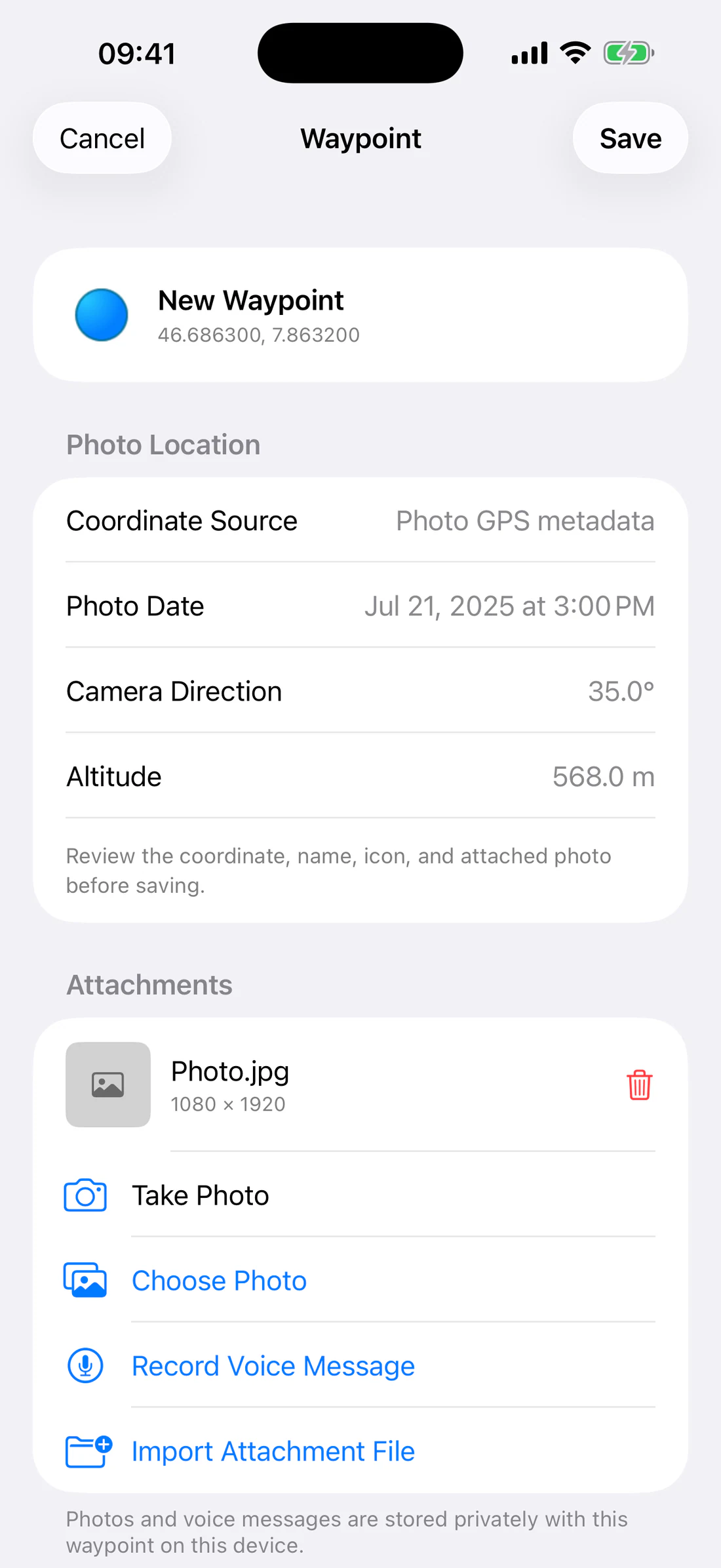 Create From Photo with GPS source, date, direction, altitude, attached thumbnail.