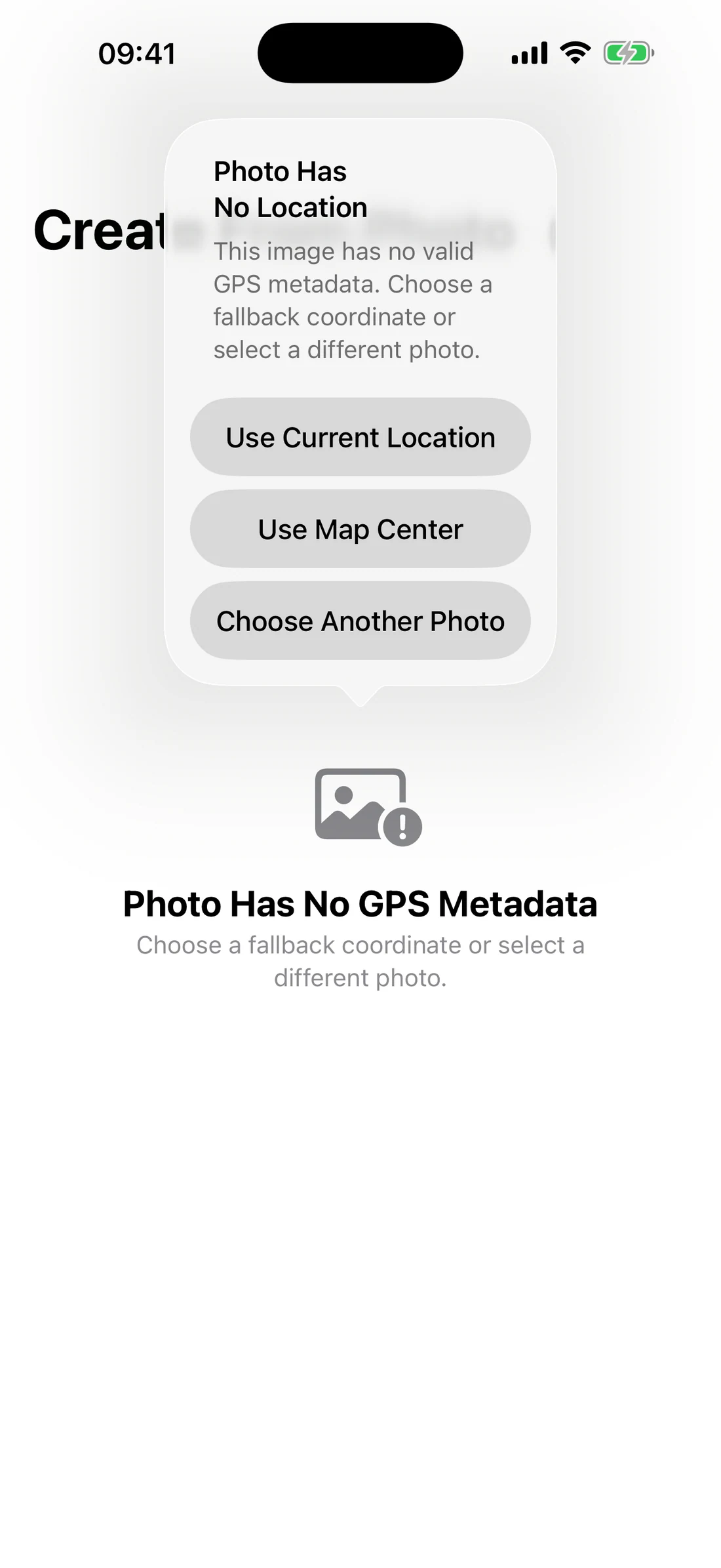 No-location dialog with Current Location, Map Center, Choose Another, Cancel.